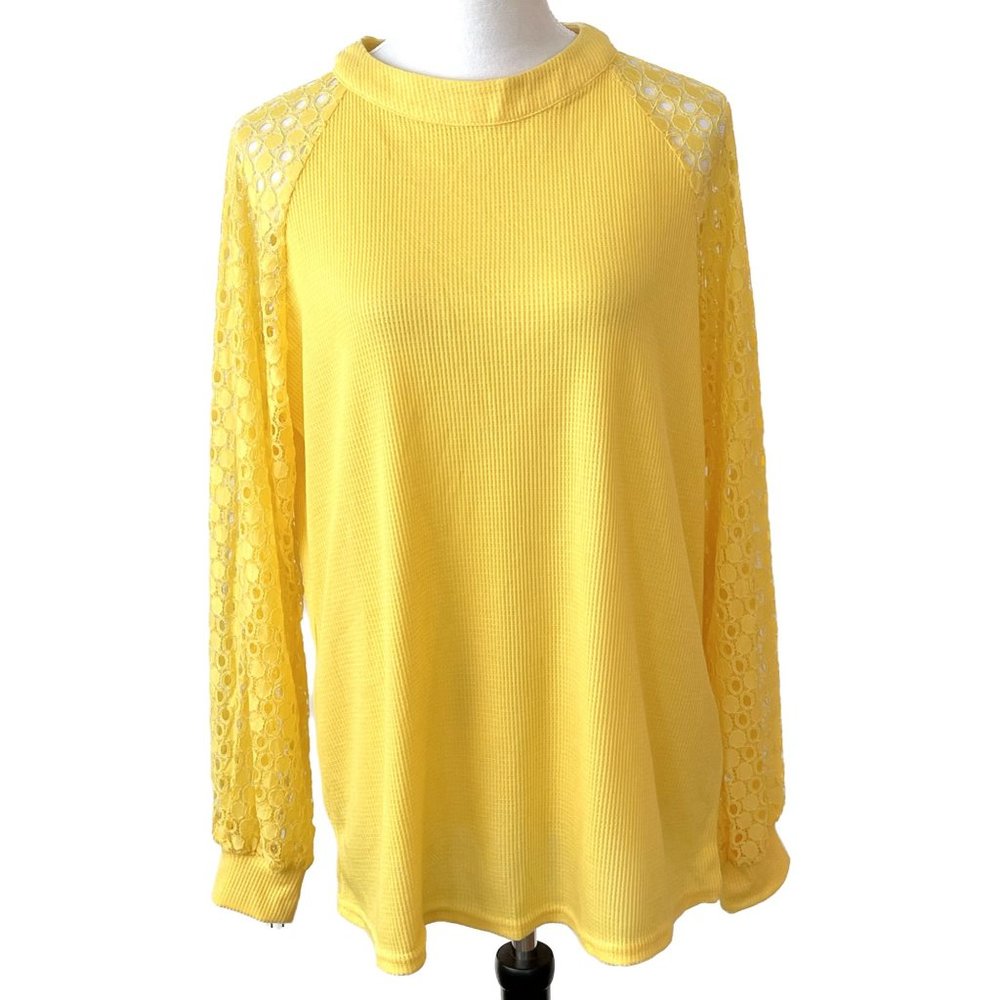 Miholl XL Bright Yellow Waffle Knit Top with Lace Sleeves *NEW*